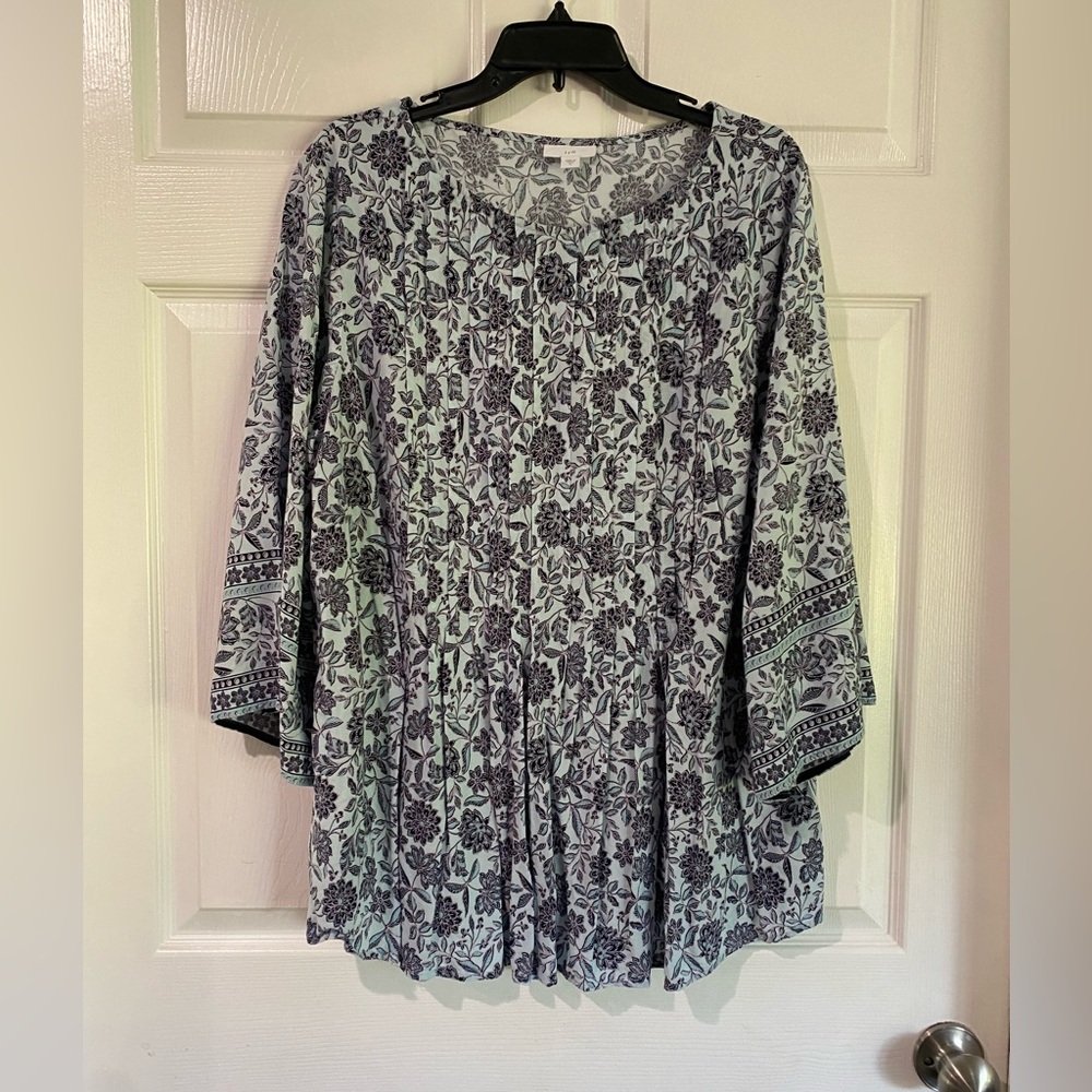 J Jill Womens Blue Floral Blouse Rayon 3/4 Sleeve XLarge Buttons Pleated Peasant